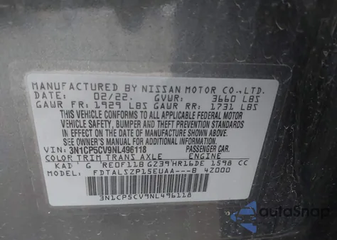 2022 Nissan Kicks Sv Xtronic Cvt from USA, damaged, VIN 3N1CP5CV9NL496118